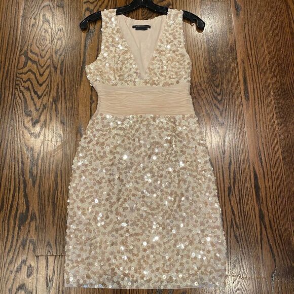 Tan BCBGMAXAZRIA sequin dress Bow in back - Picture 3 of 8